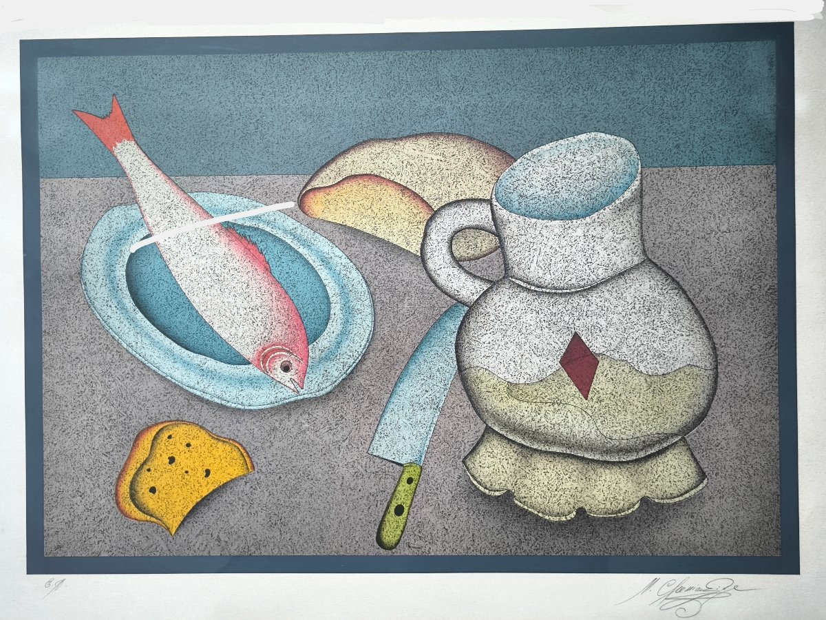 Mikail Chemiakin, Lithograph, 58 X 79.5 Cm (including Frame). "still Life With Fish, Bread, And-photo-2