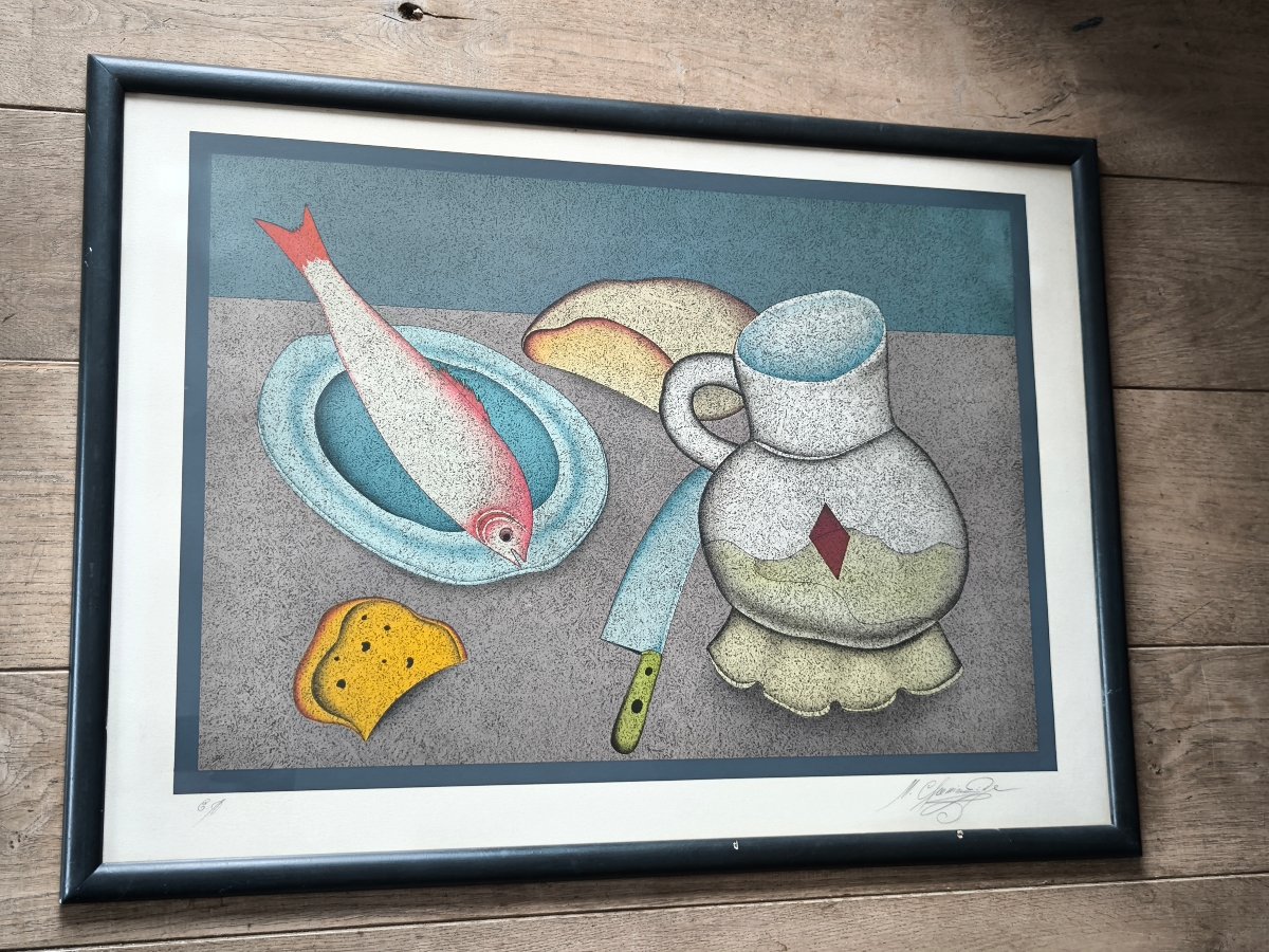 Mikail Chemiakin, Lithograph, 58 X 79.5 Cm (including Frame). "still Life With Fish, Bread, And-photo-4