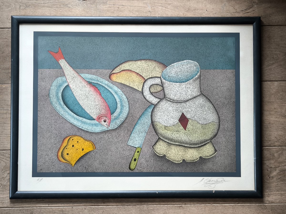 Mikail Chemiakin, Lithograph, 58 X 79.5 Cm (including Frame). "still Life With Fish, Bread, And