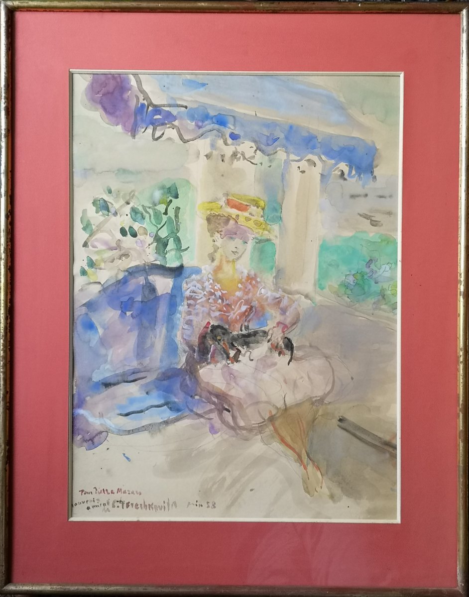 "girl With The Dog" Terechkovitch Constantin Watercolor Russian School Of Paris