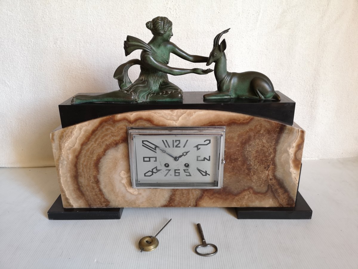 Lavroff G. Sculpteur Russe Art Deco Pendule Femme Et Gazelle -photo-2