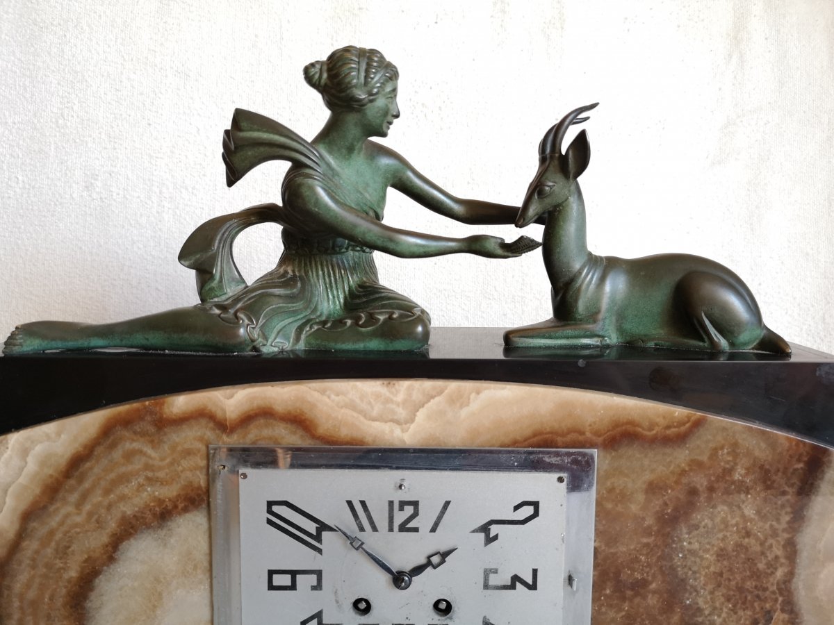 Lavroff G. Sculpteur Russe Art Deco Pendule Femme Et Gazelle -photo-2