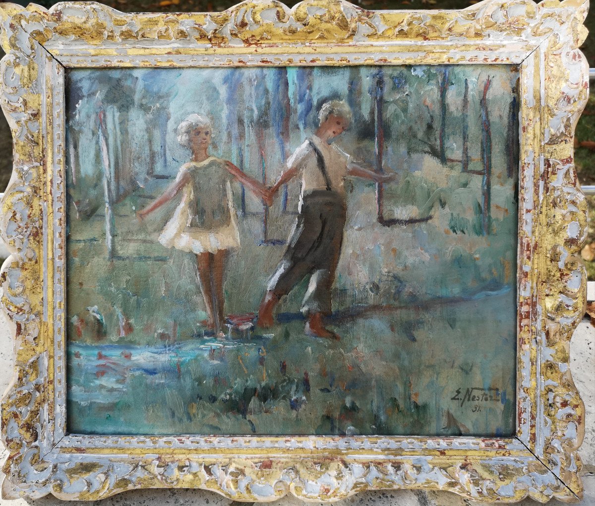 Nestor Elizaveta (Russie 1885 -? France )Russe "Les enfants "1931 hsp 33x40cm  НЕСТОР E.