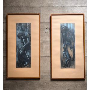György Ruzicskay, Hungarian Painter (1896–1993), 72x37 Cm, A Pair Of Charcoal Drawings