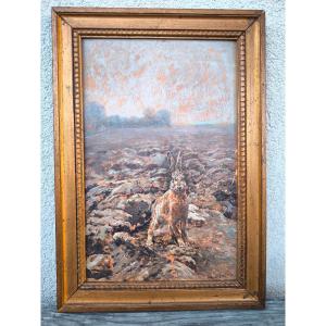 Edouard Paul Mérite (1867–1941), "the Hare In The Field," Oil On Canvas, 27 X 17 Cm