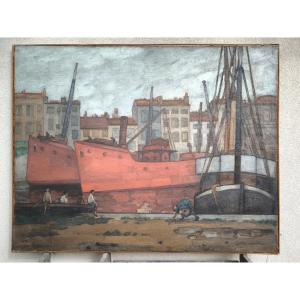 Jules Louis MORETEAU (1886-1956) "Un coin du port La Rochelle"1919 hst 78x100 cm