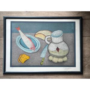 Mikail Chemiakin Lithographie58x79,5 cm.« Nature morte au poisson, au pain et au couteau »