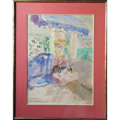 "Fille avec le chiene" Terechkovitch Constantin Aquarelle Russe Ecole De Paris 