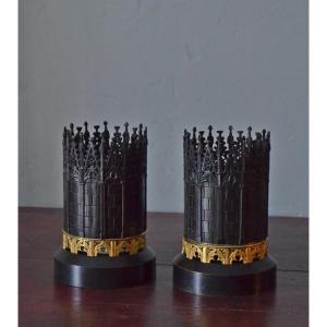Pair Of Neo-gothic Troubadour Candle Holders