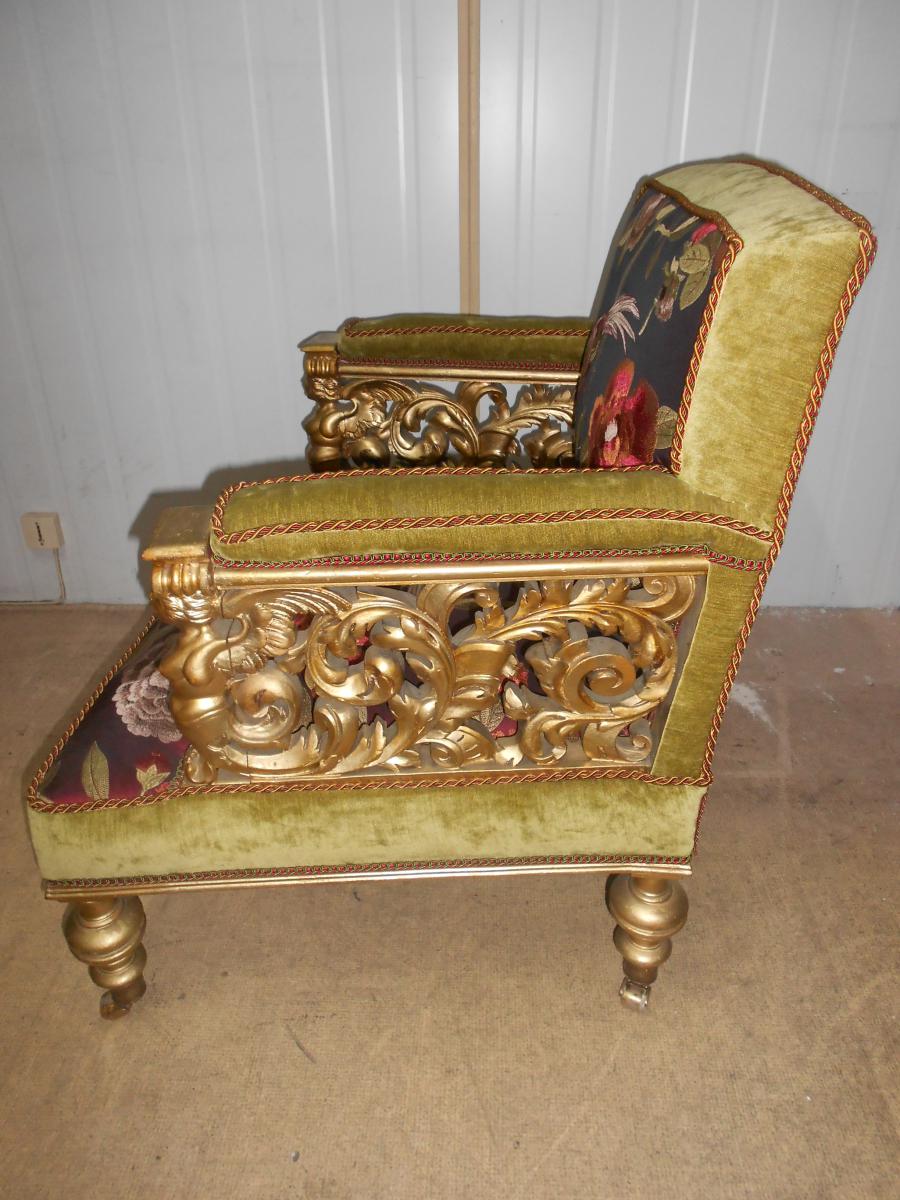 Golden Wood Carved Armchair Napoleon III With Silks Rare Model-photo-4