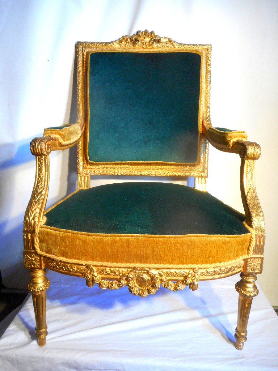Suite Of Four Carved Armchairs In Golden Wood Nineteenth Time-photo-2