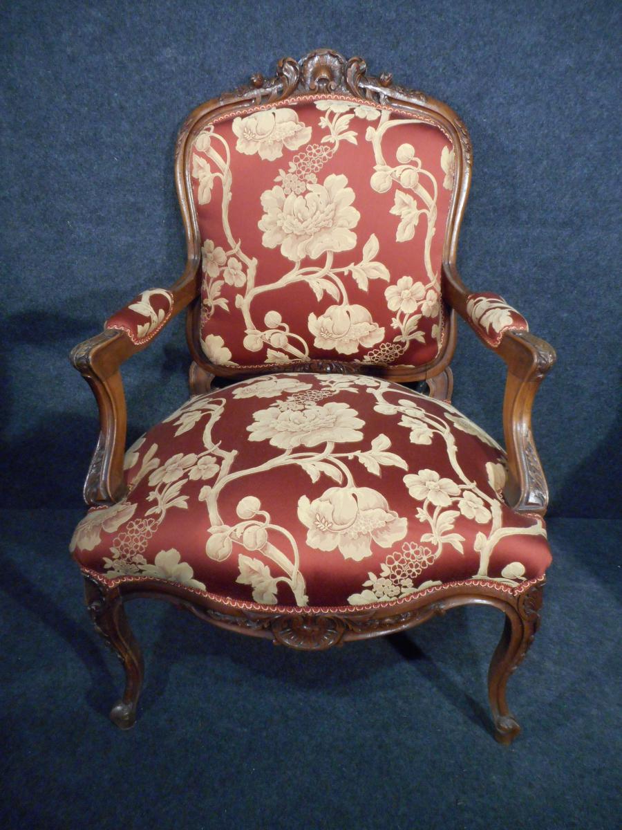 Série De 4 Fauteuils Louis XV En Noyer époque XIX Entièrement Retapissé à l'Ancienne-photo-2