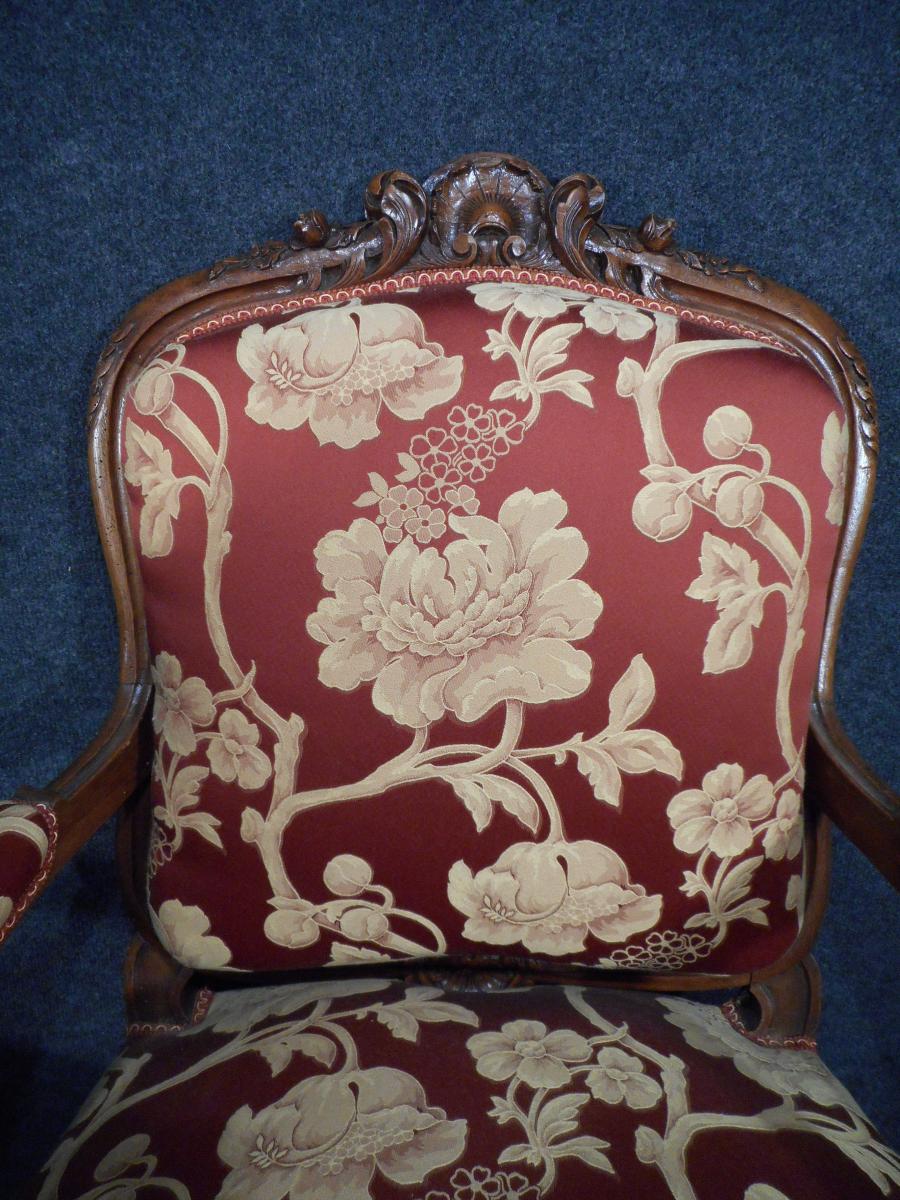 Série De 4 Fauteuils Louis XV En Noyer époque XIX Entièrement Retapissé à l'Ancienne-photo-3