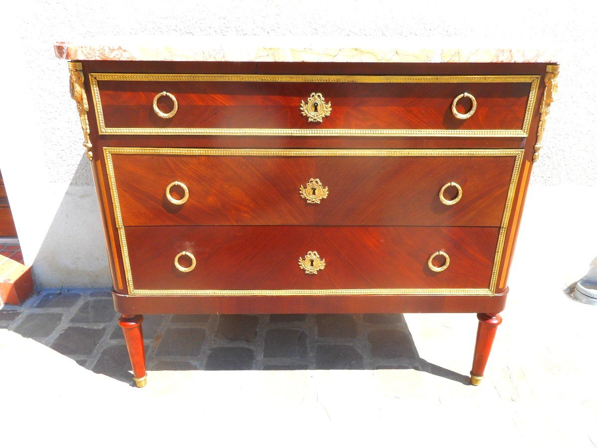 Commode XIXe En Marqueterie Et Bronze Doré Estampillé Krieger Paris