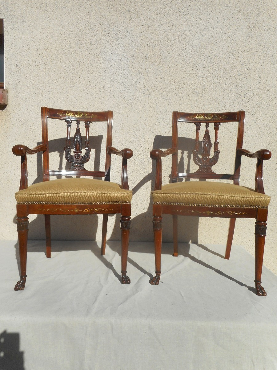 Set Of 19th Century Armchairs And Chairs In Mahogany And Gilded Bronze-photo-2