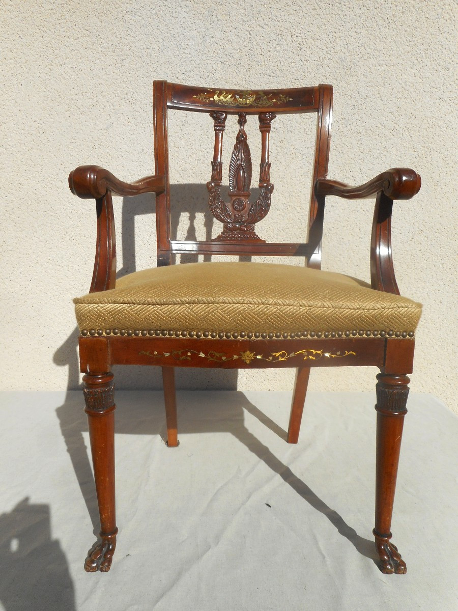 Set Of 19th Century Armchairs And Chairs In Mahogany And Gilded Bronze-photo-4