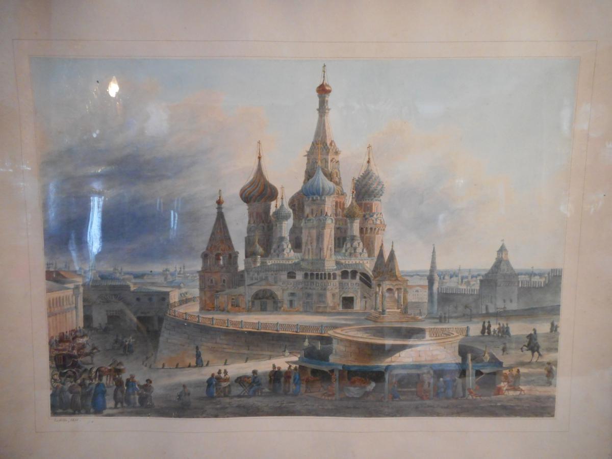 Aquarelle Place Rouge De Moscou Par Auguste Jean Baptiste Cadolle 1782-1849-photo-2