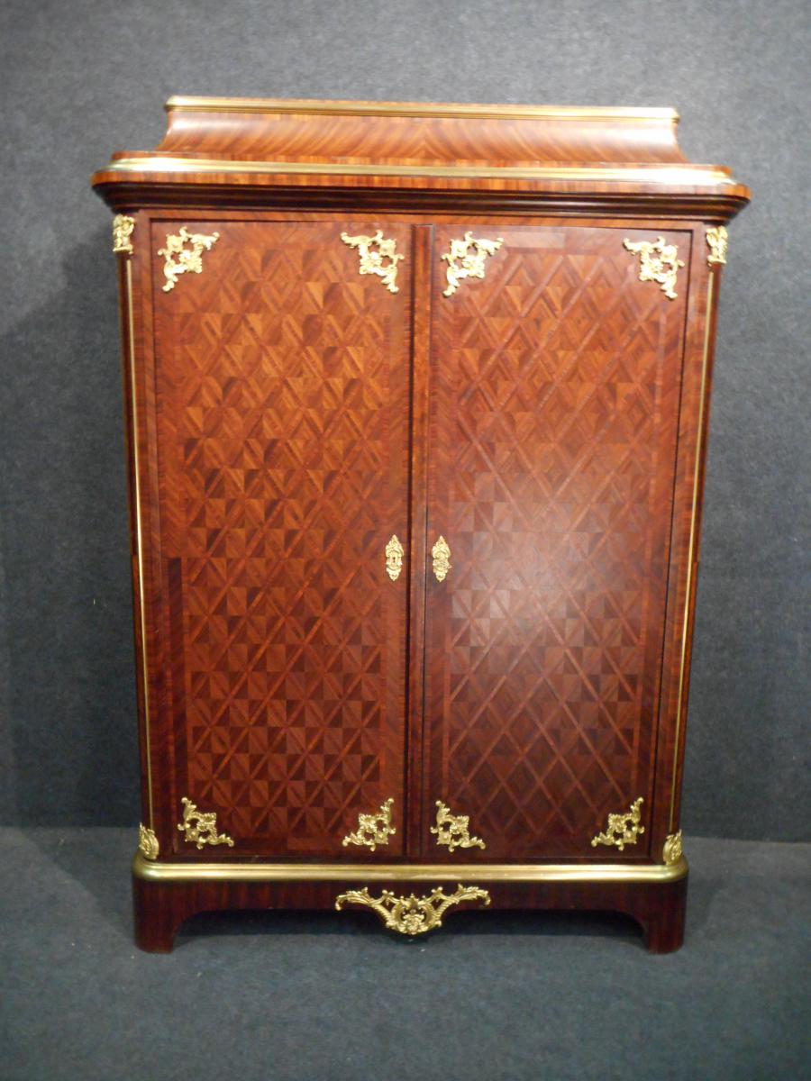 Small XIXth Wardrobe Stamped Paul Sormani In Marquetry And Gilded Bronze