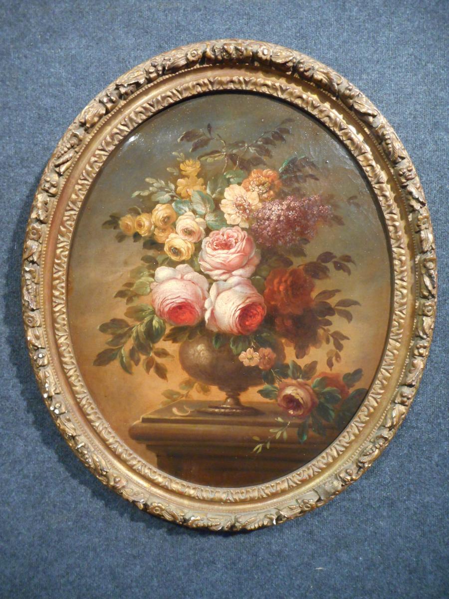 Pair Oil On Canvas Bouquet Of Flowers Early Nineteenth Time-photo-3