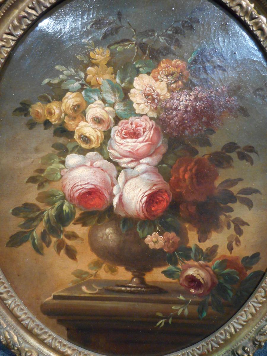Pair Oil On Canvas Bouquet Of Flowers Early Nineteenth Time-photo-4