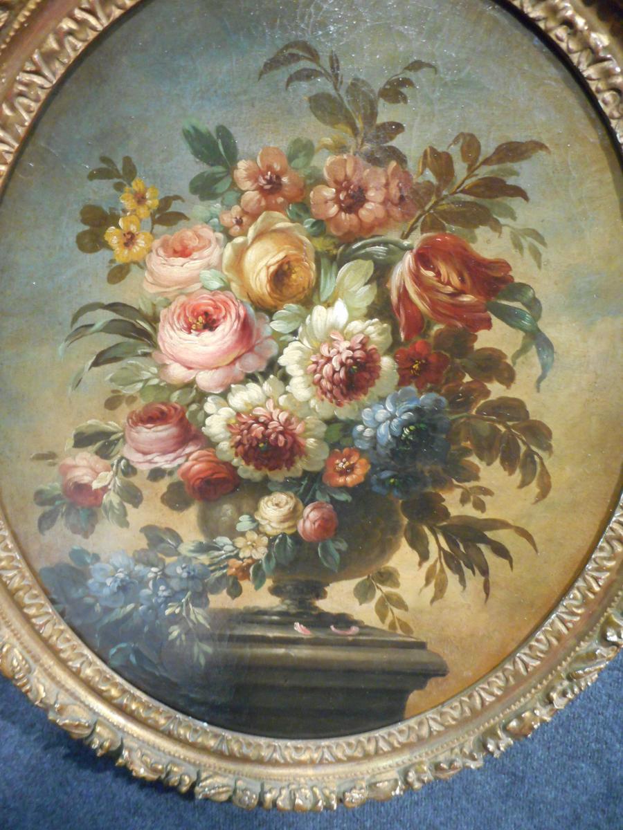 Pair Oil On Canvas Bouquet Of Flowers Early Nineteenth Time-photo-3