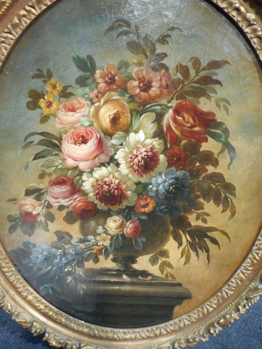 Pair Oil On Canvas Bouquet Of Flowers Early Nineteenth Time-photo-7