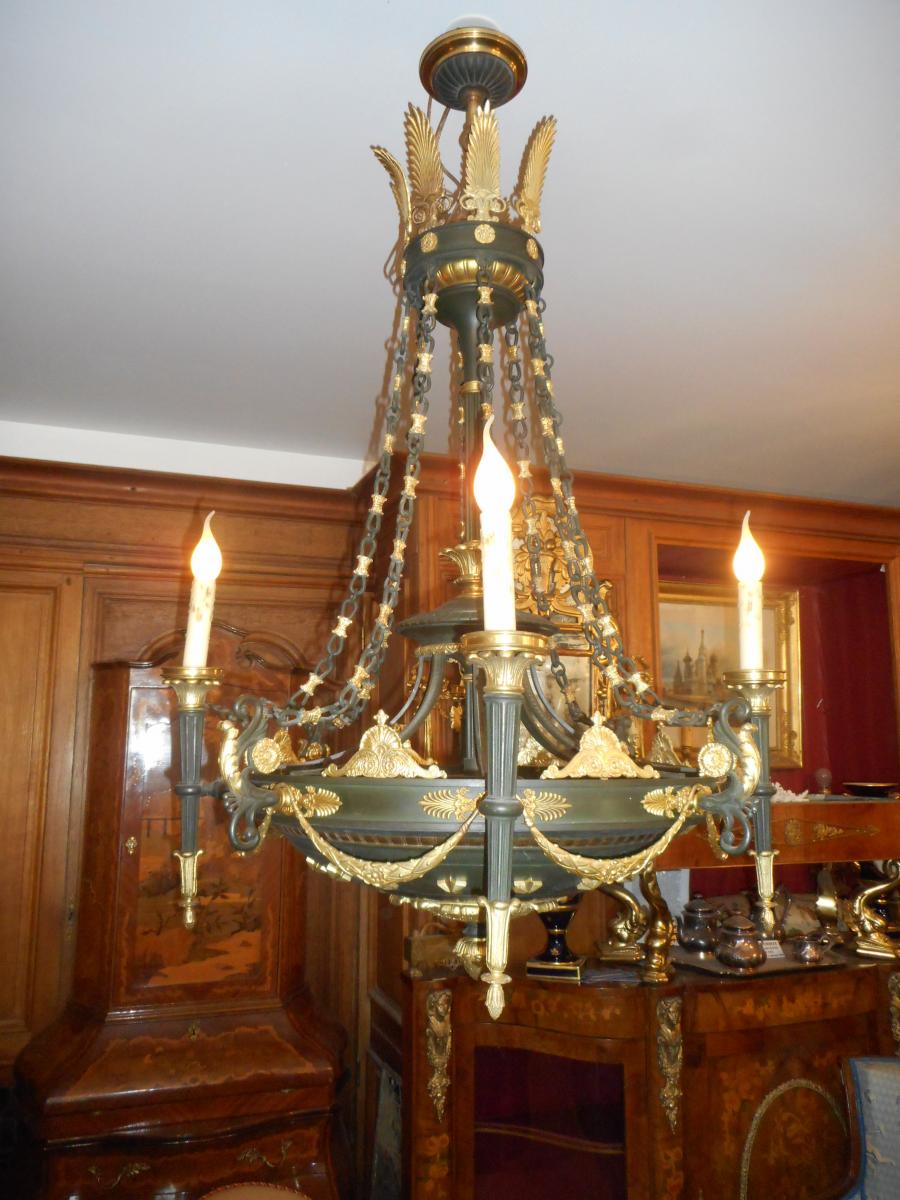 Large Empire Chandelier Gilt Bronze And Painted Tole