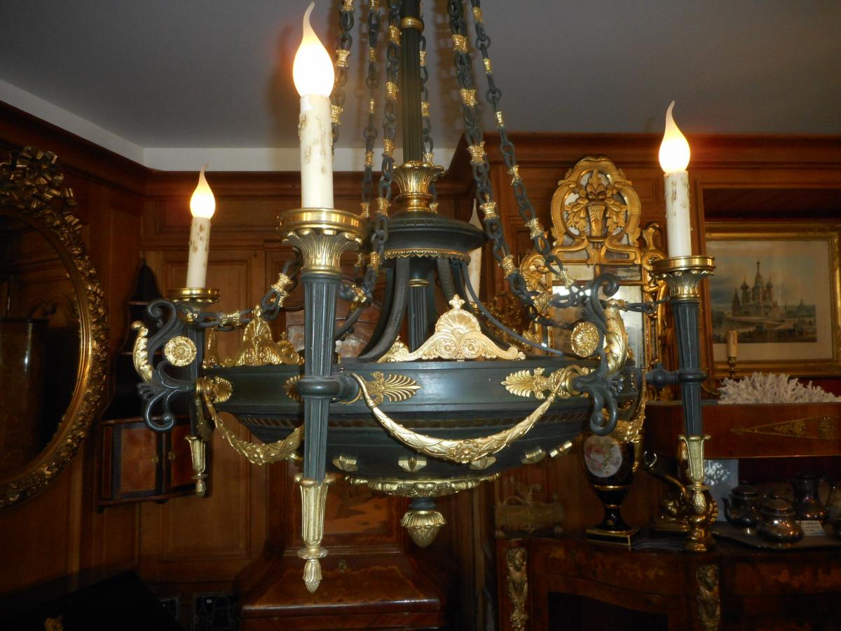 Large Empire Chandelier Gilt Bronze And Painted Tole-photo-3