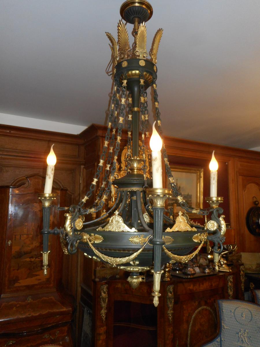 Large Empire Chandelier Gilt Bronze And Painted Tole-photo-4