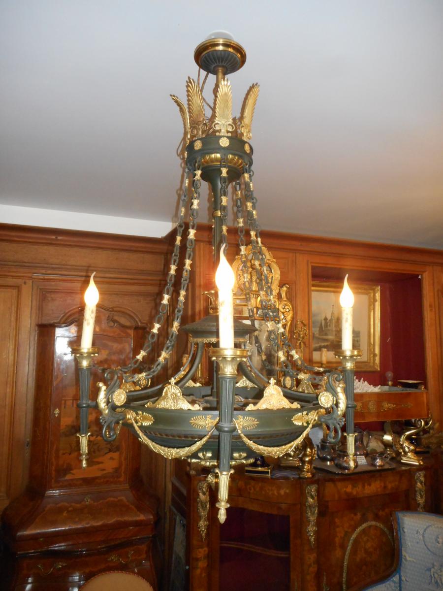 Large Empire Chandelier Gilt Bronze And Painted Tole-photo-3