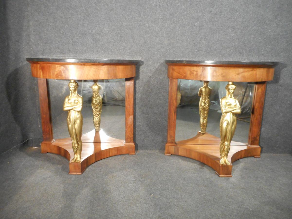 Pair Of Console Premier Empire Mahogany And Caryatids Gilt Bronze Attibué Jacob-photo-5