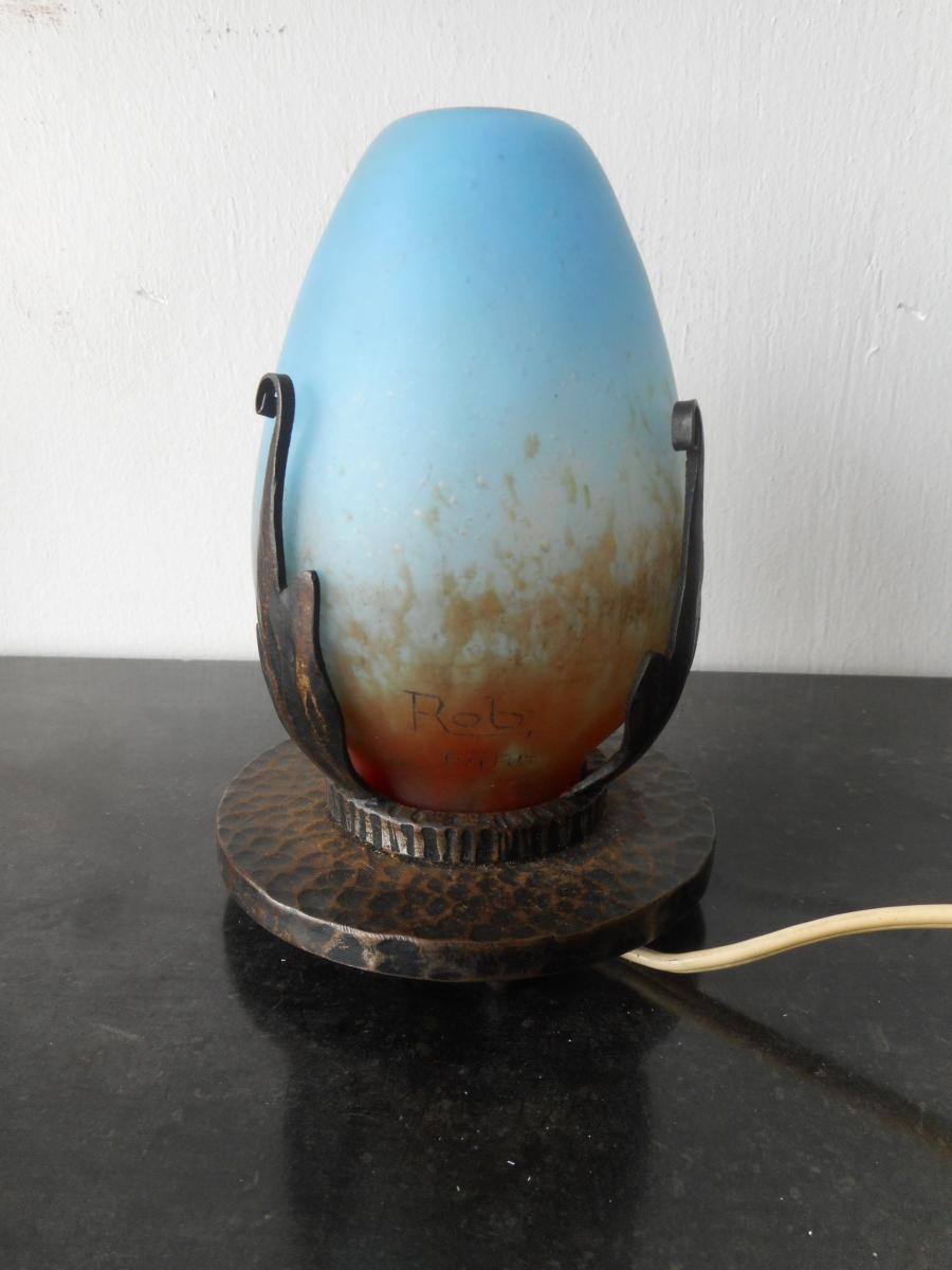 Veilleuse En Pate De Verre Et Fer Forgé Art Deco Signé Robj