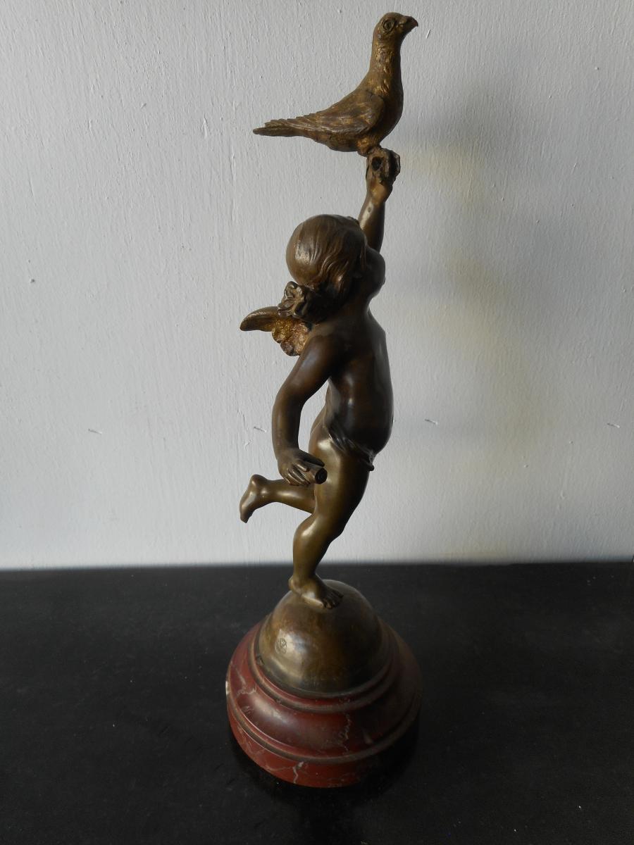 Statue En Bronze XIXe Fille à l'Oiseau Signé Georges De Kerveguen-photo-2