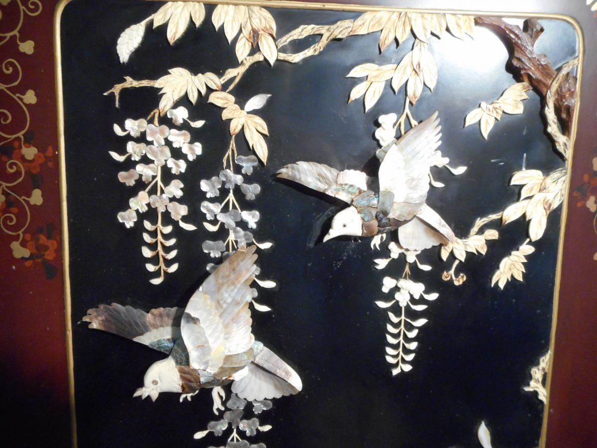 Screen Meiji Period Lacquered Wood And Ivory Then Nacre-photo-4