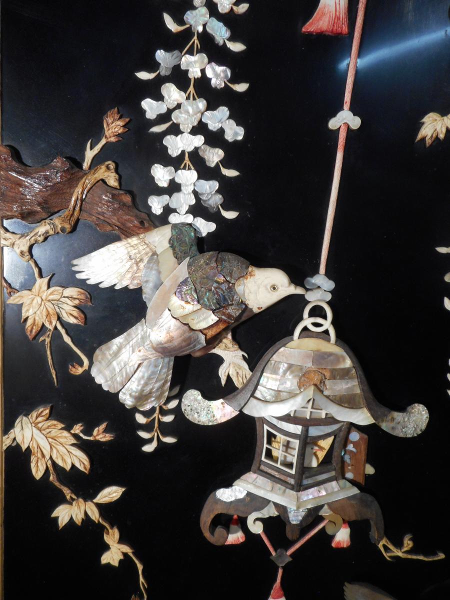 Screen Meiji Period Lacquered Wood And Ivory Then Nacre-photo-2