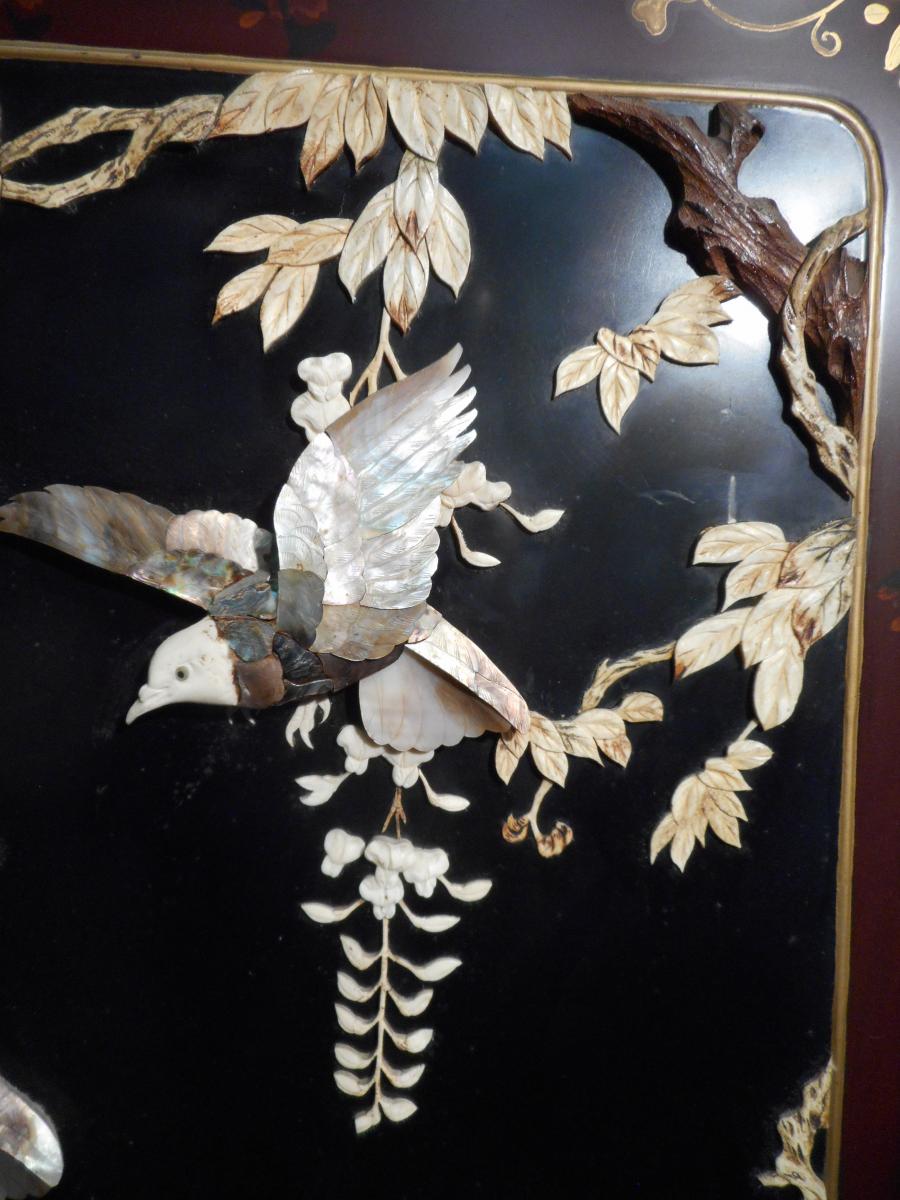 Screen Meiji Period Lacquered Wood And Ivory Then Nacre-photo-6
