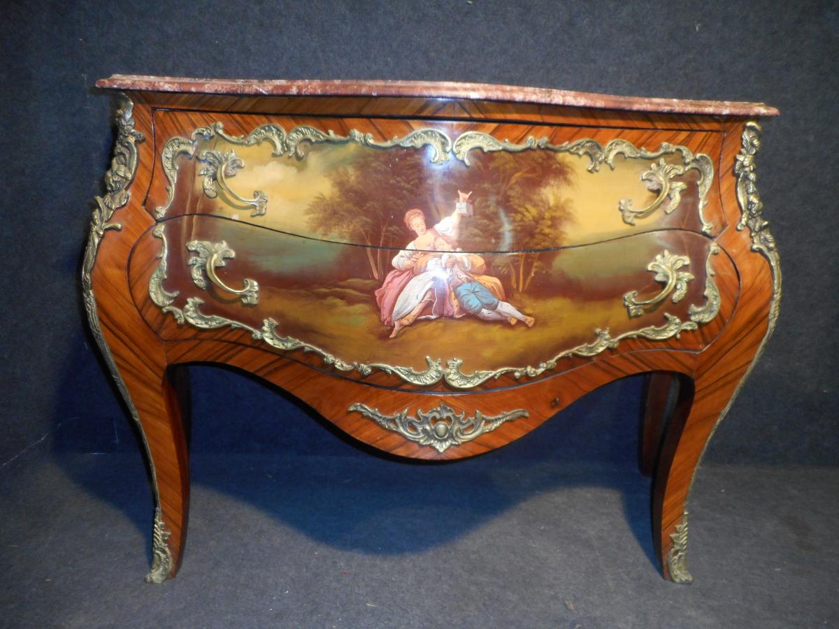 Curved Dresser Vernis Martin In Marquetry And Gilt Bronze