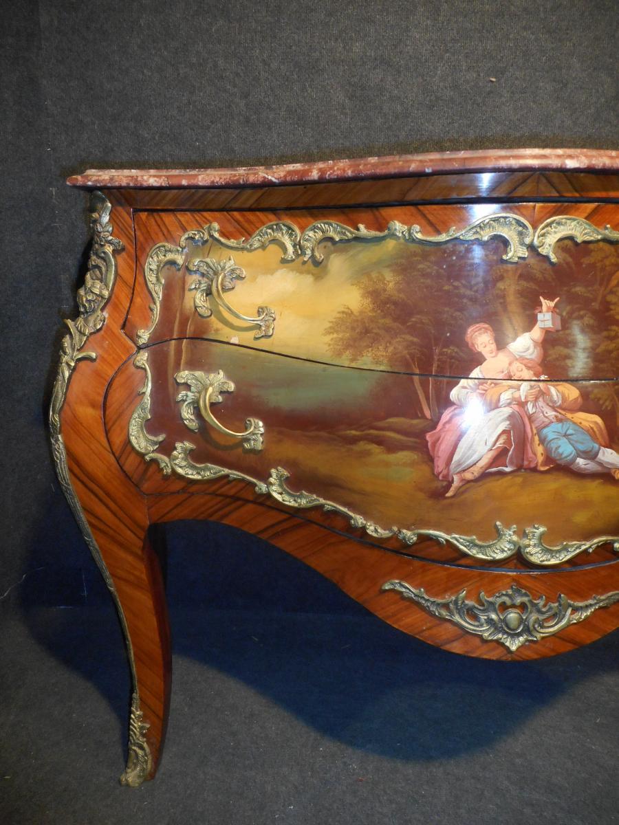 Commode galbée Vernis Martin En Marqueterie Et Bronze Doré-photo-4