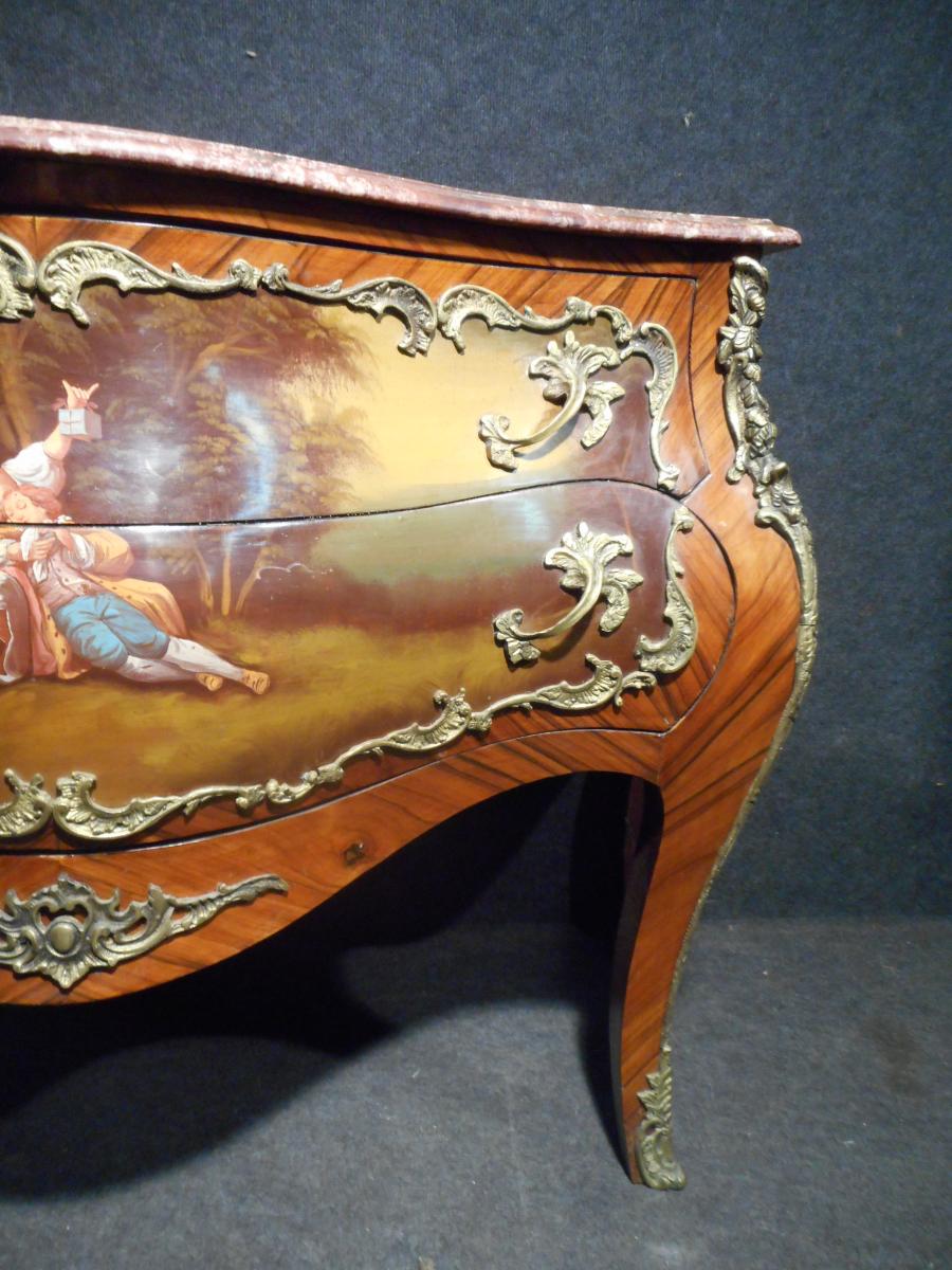 Commode galbée Vernis Martin En Marqueterie Et Bronze Doré-photo-5