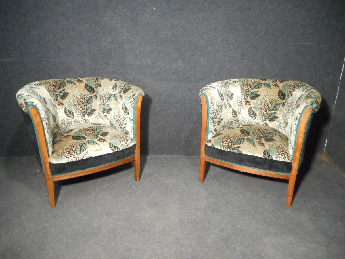 Pair Of Armchairs Tonneau In Marquetry Art Deco Era