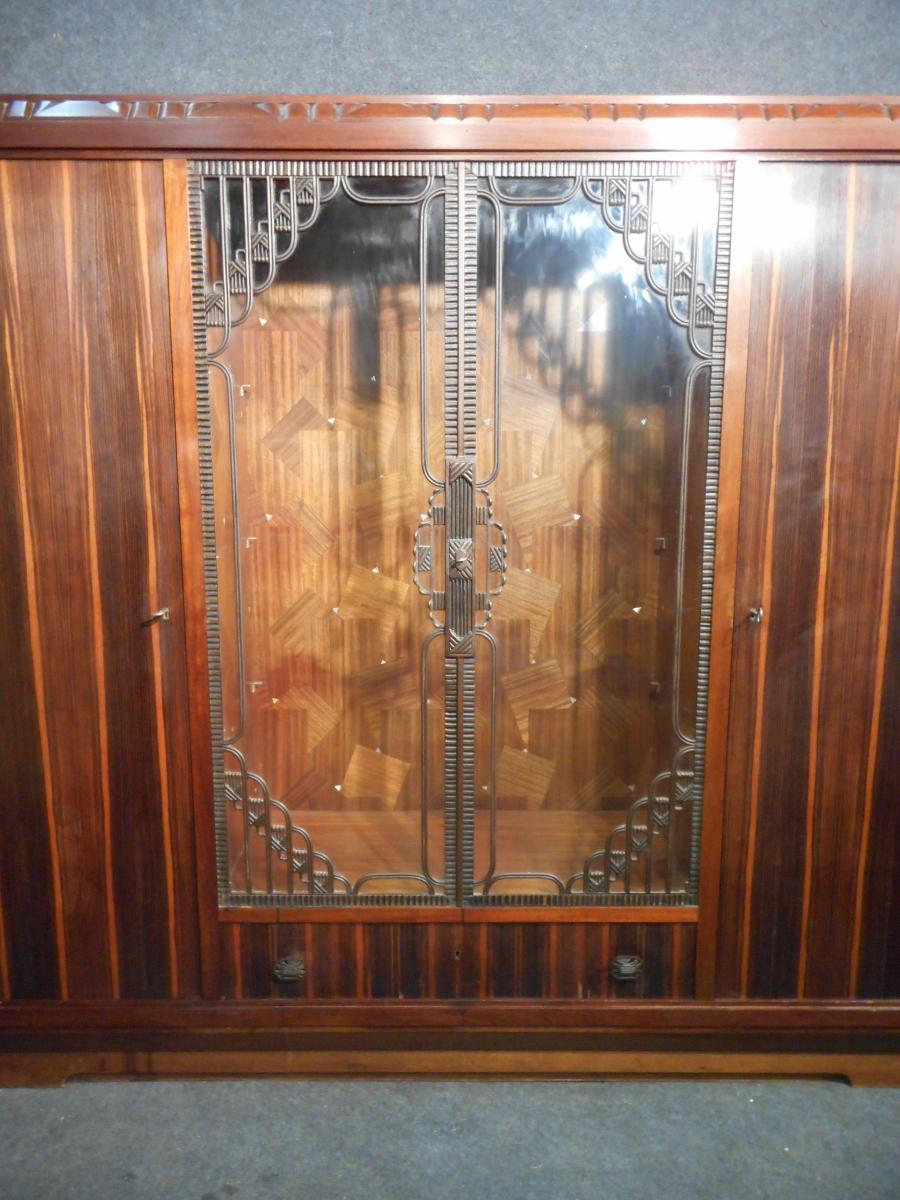 Art Nouveau Library In Macassar Ebony And Wrought Iron Stamped Majorelle-photo-4