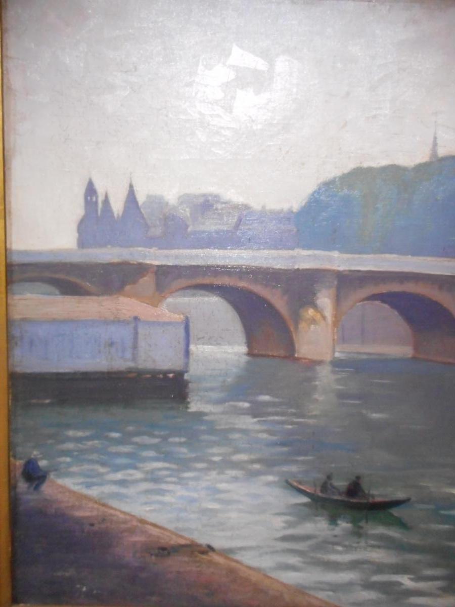 Tableau Vue Pont De Paris Avec Bord De Seine époque fin XIXe-photo-3