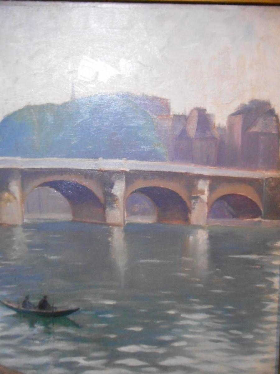 Tableau Vue Pont De Paris Avec Bord De Seine époque fin XIXe-photo-4