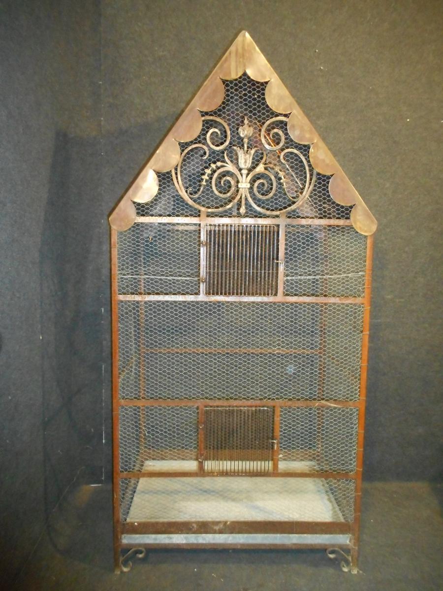 Grande cage a oiseaux époque Napoléon III fer forgé et cuivr