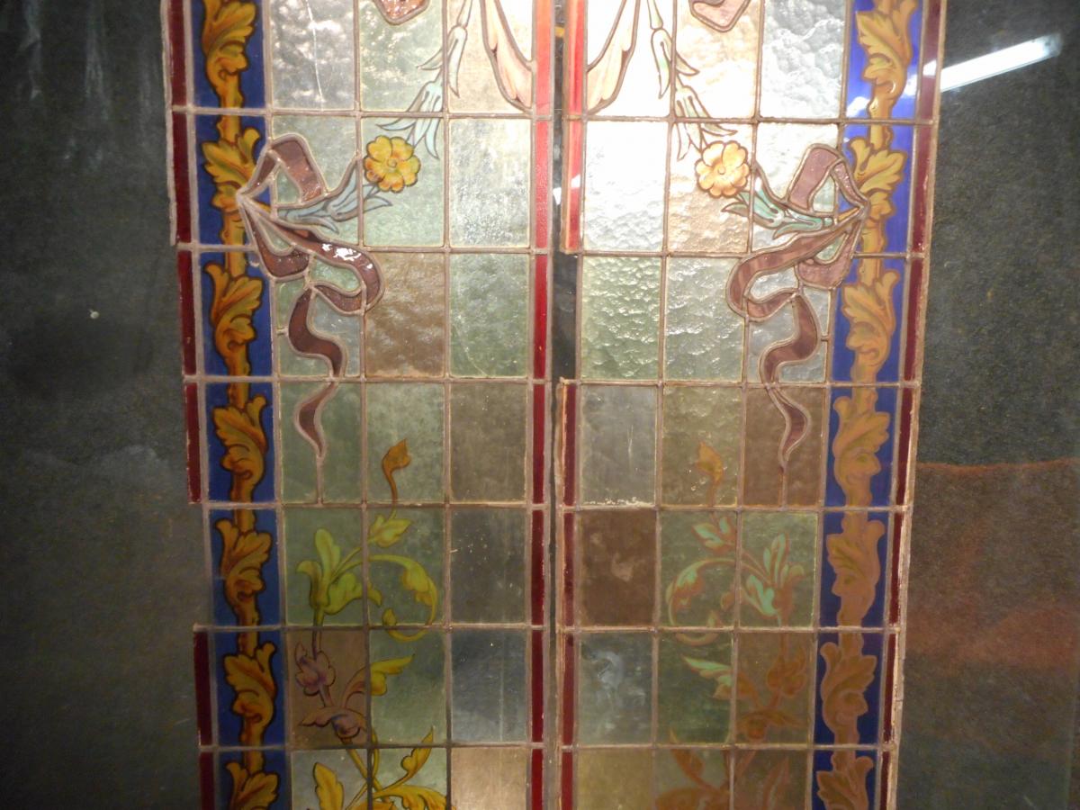 Paire De Vitraux époque Art Nouveau Décors Florales-photo-3