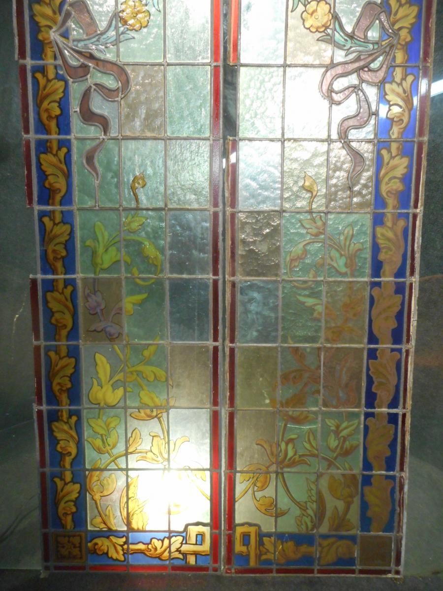 Pair Of Stained Glass Art Nouveau Periods Floral Decors-photo-4