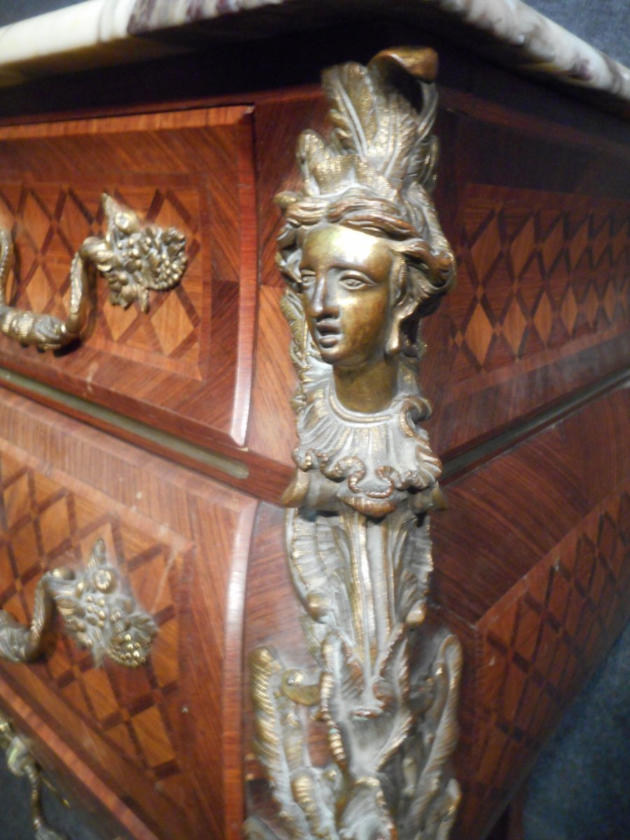 Commode In Marquetry And Gilt Bronze Nineteenth Time Stamped Bastet In Lyon-photo-5