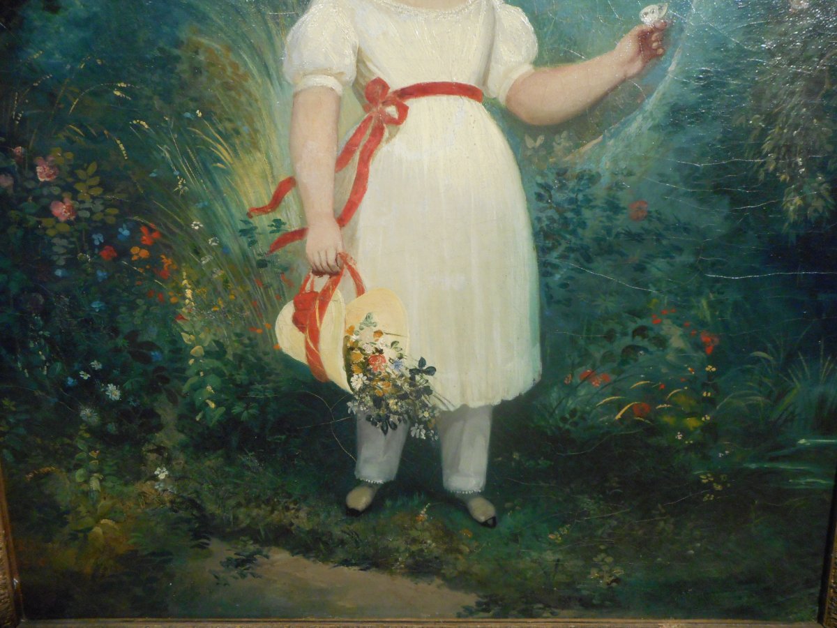 Huile Sur Toile époque XIXe Jeune Fille Au Bouquet De Fleurs-photo-1