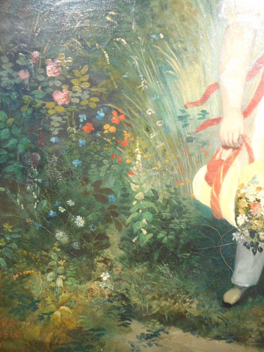 Huile Sur Toile époque XIXe Jeune Fille Au Bouquet De Fleurs-photo-2