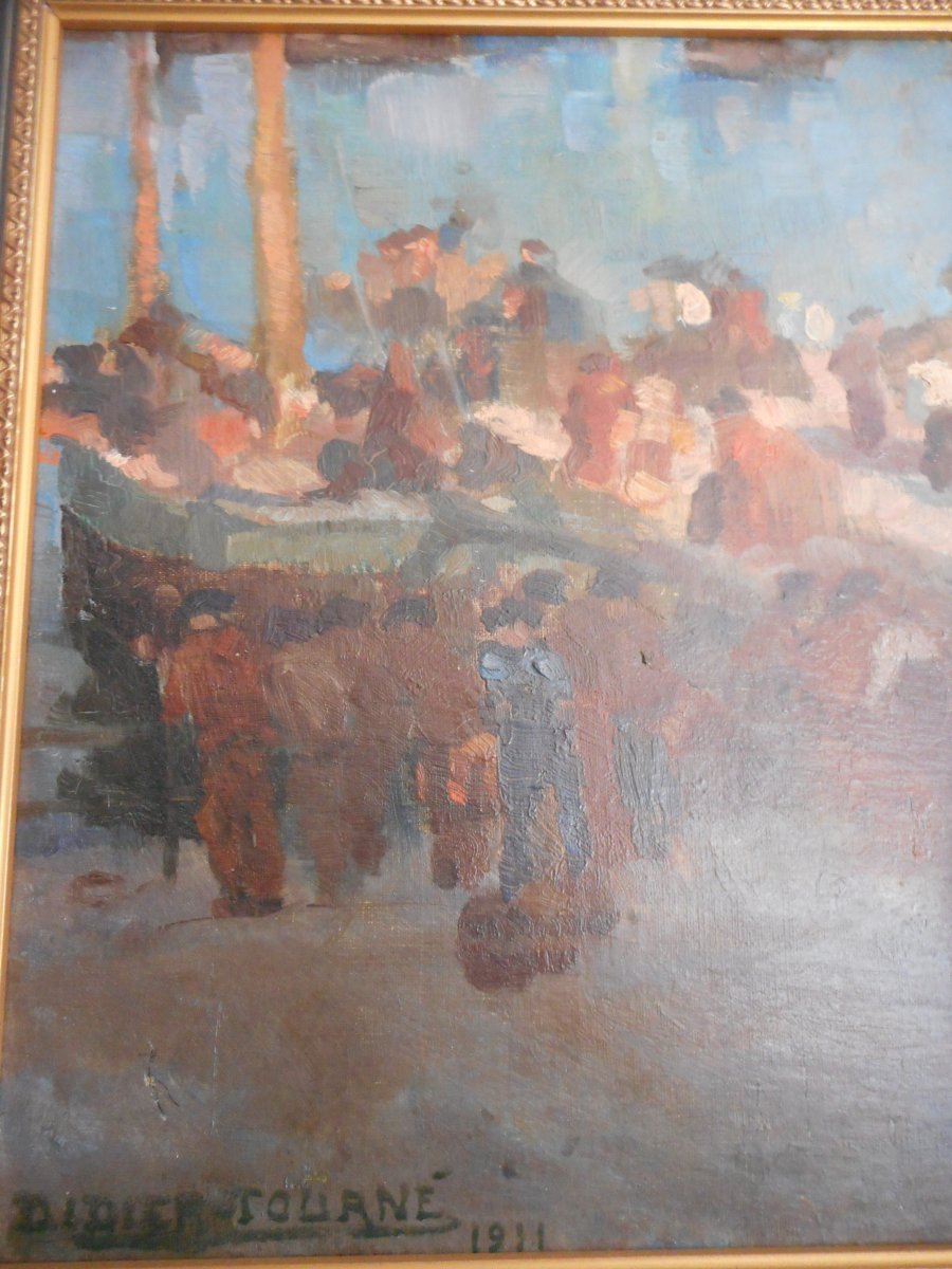 Tableau Huile Sur Toile Scène Port Breton Par Didier Tourné Daté 1911-photo-3